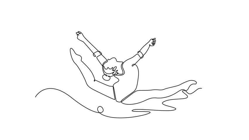Animated self drawing continuous line draw graceful female gymnast jumping in mid air, performing split leap. Elegance and precision in captivating rhythmic gymnastics. Full length one line animation