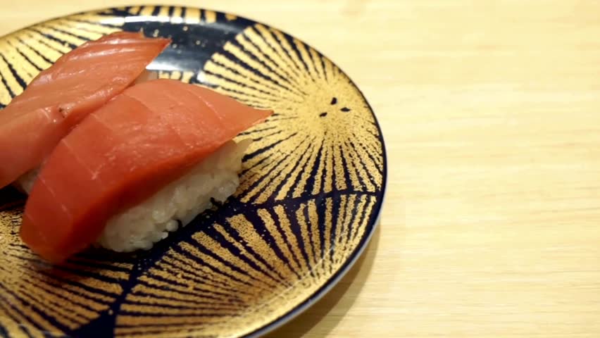Two Pieces of Tuna Nigiri on Decorative Plate