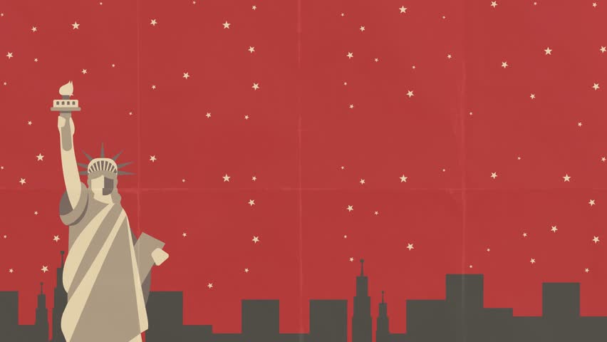 Looping 4K animation for 4th of July featuring Statue of Liberty, city skyline silhouette, vintage red background, bold typography, and twinkling stars. A patriotic retro celebration vibe.