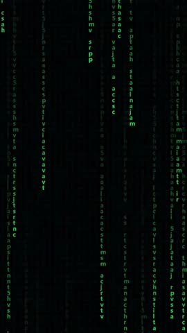 Vertical Digital Code Rain – Glowing Green Matrix Style Falling Text Animation for Tech and Cyber Themes