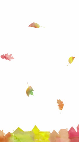 A gorgeous autumn townscape with colorful fallen leaves falling. A picture book-like vertical loop animation using watercolor paintings.