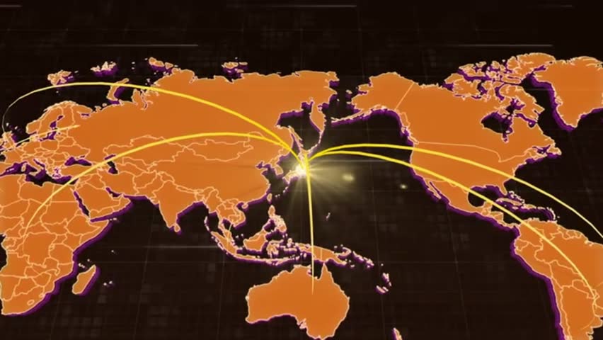 Orange Global Connections on World Map – Animated Network Lines Showing Data Flow and Communication