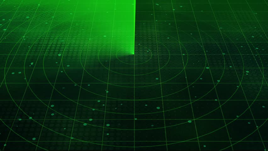 Angled view of loopable radar screen animation with green sweeping beam - curved coordinate lines and glowing particles- military or aviation radar display from a tilted viewpoint