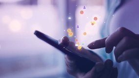 Close-up of hands holding smartphone with floating social media icons, symbolizing digital interaction, real-time communication, and online user engagement for modern technology and lifestyle themes. - Powered by Shutterstock - Get 15% off with code: PIKWIZARD15