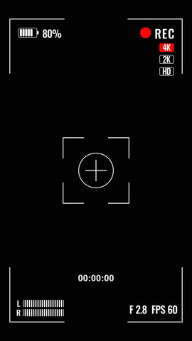 Camera recording screen interface black background overlay, 4K recording mode and crosshair. For film making and photography.