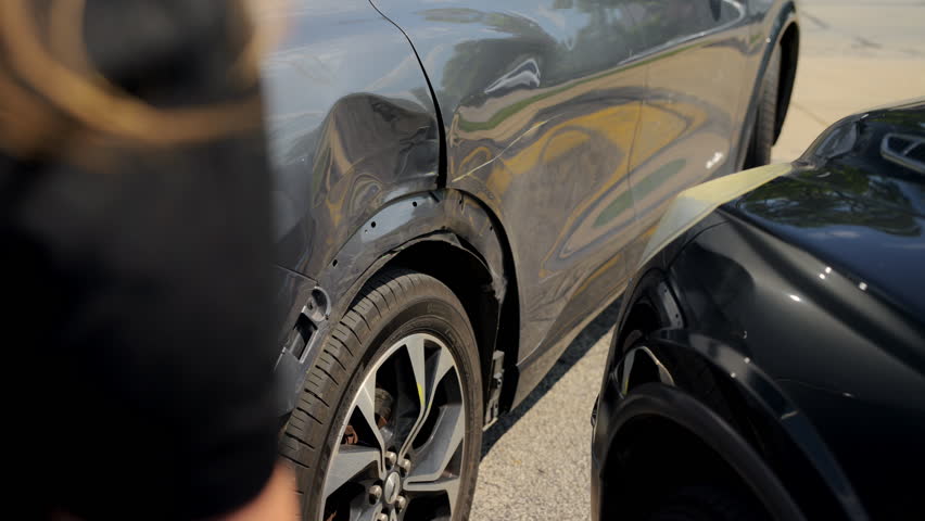 Car crash accident scene with two cars on the street. Stressed woman is calling 911. View of damaged elements. Stabile shot