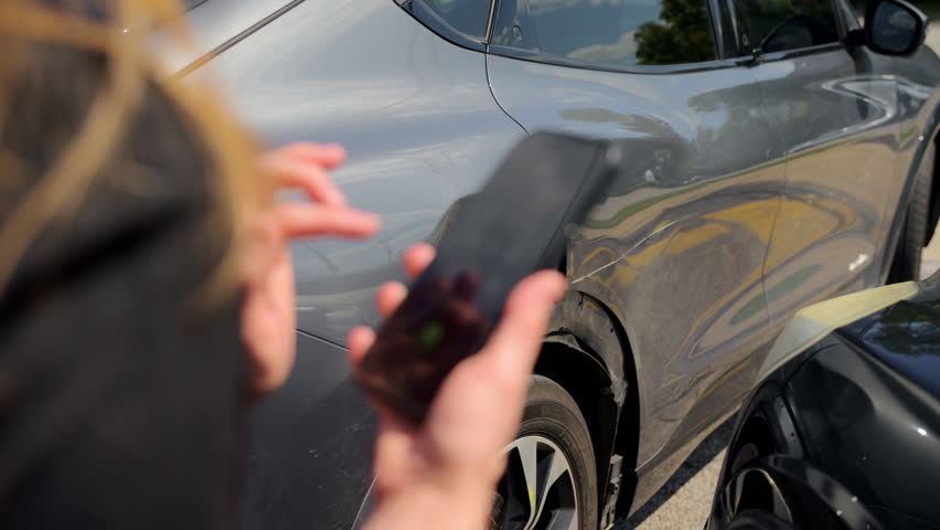 Car crash accident scene with two cars on the street. Stressed woman is calling 911. View of damaged elements. Stabile shot