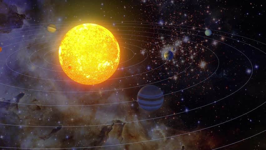 Looping animation of the solar system, planets moving around the sun, black hole passing in the background. 3d render.
