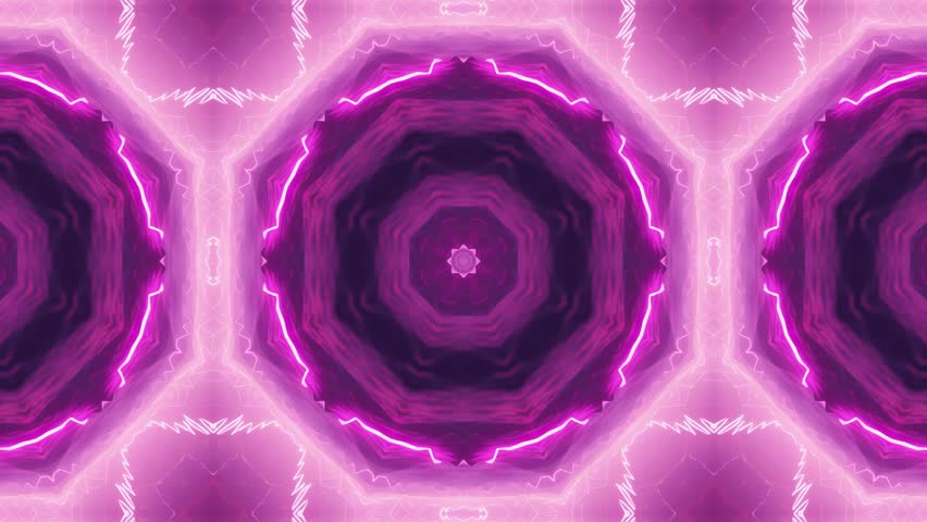 A mesmerizing kaleidoscope effect video showcasing a repeating pattern of vibrant neon fuchsia and purple shapes.