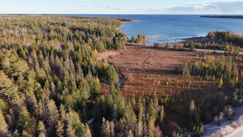 Aerial drone view of a forested peninsula stretching into Lake Huron in Michigan’s Upper Peninsula, with clear skies and calm water