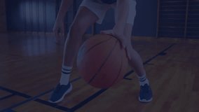 Basketball player dribbling gym floor causing sliding financial charts highlighting key metrics. Athlete, motion, vibrant, focus, endurance, teamwork, training - Powered by Shutterstock - Get 15% off with code: PIKWIZARD15