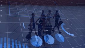 Six men stepping from left walking with duffel bags while finance bar charts line graph animating. Collaboration, teamwork, analytics, futurism, technology, motion, productivity - Powered by Shutterstock - Get 15% off with code: PIKWIZARD15