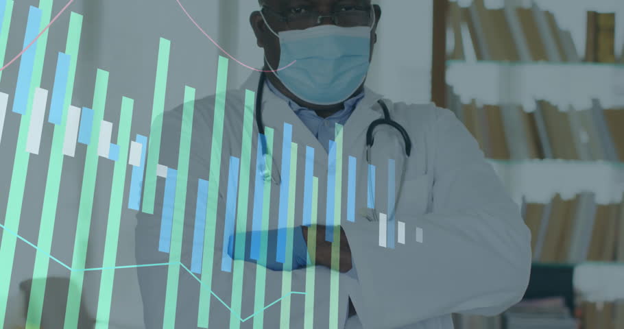 Bars shifting unveiling male doctor masked and gloved, highlighting medical data. Analytics, healthcare, professional, analytical, modern, research, innovation