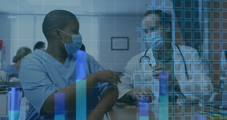 After drawing fluid, patient rolling sleeve as doctor injecting vaccine, digital charts animating. Medical, healthcare, clinical, vaccination, data, technology, professional