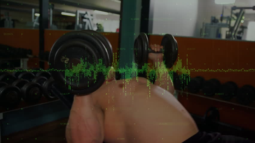 Gym enthusiast gripping dumbbells starting bench pressing on flat bench building chest strength. Strength, fitness, workout, training, masculine, determination, gymnasium