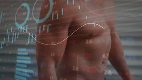 Shirtless man initiating dumbbell bicep curl in garage gym with finance charts syncing workout data. Fitness, strength, data visualization, health, performance, modern, muscular - Powered by Shutterstock - Get 15% off with code: PIKWIZARD15