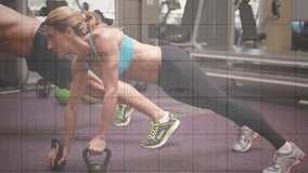female and male fitness partners stabilizing plank kettlebells rowing while data graphs climbing. Training, strength, endurance, motion, performance, biomechanics, stability - Powered by Shutterstock - Get 15% off with code: PIKWIZARD15