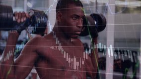 Weightlifter holding dumbbells and showing animated finance charts rising across bench for feedback. Athletic, fitness, modern, technology, performance, strength, training - Powered by Shutterstock - Get 15% off with code: PIKWIZARD15