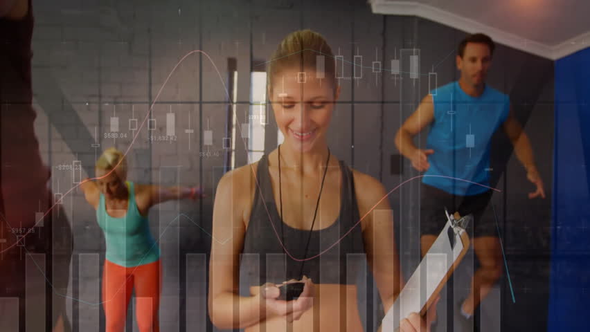 Fitness instructor pressing stopwatch timing session animated timer guiding group doing HIIT moves. Training, fitness, exercise, workout, intensity, motivation, sport