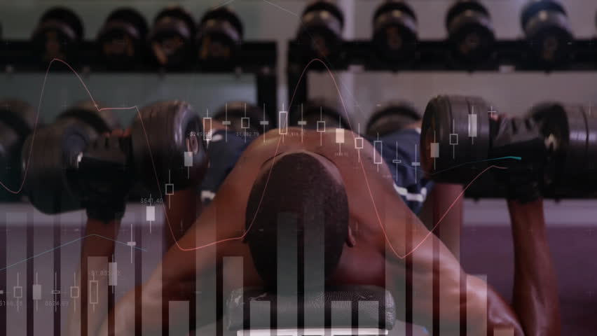 Muscular man starting dumbbell bench pressing for gym fitness while animated rep count rising. Strength, fitness, gym, training, workout, masculine, determination