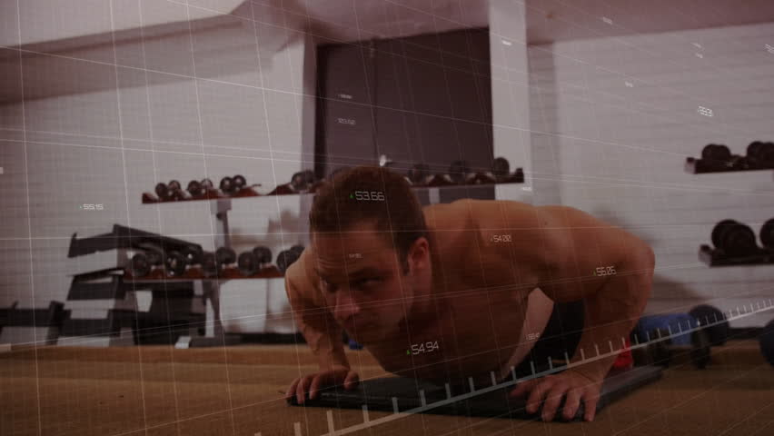 Shirtless man gripping push-up bars and doing reps with animated fitness chart tracking performance. Strength, endurance, training, physique, fitness, motivation, athletic - Powered by Shutterstock - Get 15% off with code: PIKWIZARD15