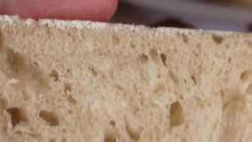 hand gently pressing and squeezing soft fresh bread crumb in closeup view highlighting fluffy airy texture and bounce concept of bakery shop cooking blog artisan bread - Powered by Shutterstock - Get 15% off with code: PIKWIZARD15