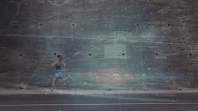 female runner sprinting past wall and causing translucent circular linear fitness tech graphics. Athlete, motion, determination, urban, dynamic, technology, vitality - Powered by Shutterstock - Get 15% off with code: PIKWIZARD15