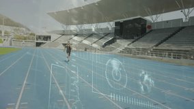 Sprinter taking prep steps and launching sprint on blue track, generating sports analytics overlays. Athletics, performance, competitive, technology, progress, dynamic, speed - Powered by Shutterstock - Get 15% off with code: PIKWIZARD15