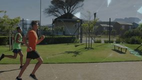 Four men starting jogging on park path, activating training tech with grid lines and pulsing sphere. Athletics, fitness, innovation, teamwork, healthy lifestyle, outdoor exercise, digital technology - Powered by Shutterstock - Get 15% off with code: PIKWIZARD15