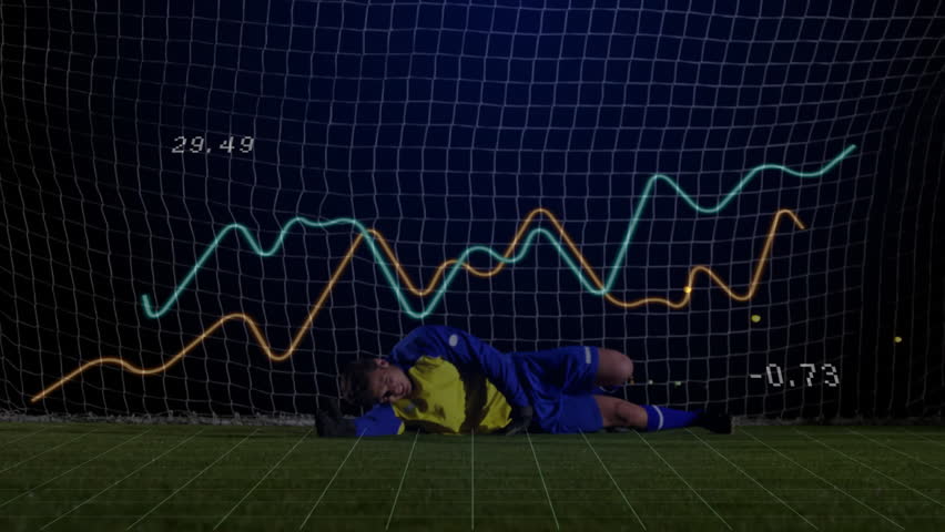 Soccer ball resting on grid, arrows sliding, striker kicking ball past diving goalkeeper in sports. Analytics, sport, visualization, performance, digital, competition, athletic - Powered by Shutterstock - Get 15% off with code: PIKWIZARD15