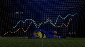 Soccer ball resting on grid, arrows sliding, striker kicking ball past diving goalkeeper in sports. Analytics, sport, visualization, performance, digital, competition, athletic - Powered by Shutterstock - Get 15% off with code: PIKWIZARD15