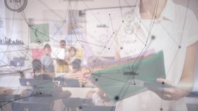 Classroom network overlay fading students presenting, raising hands while teacher reviewing folder. Education, collaboration, data, connectivity, learning, digital, innovation - Powered by Shutterstock - Get 15% off with code: PIKWIZARD15