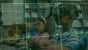 Children wearing VR headsets launching education scan while grid overlay sweeping in computer lab. Children, technology, innovation, education, virtual, learning, classroom - Powered by Shutterstock - Get 15% off with code: PIKWIZARD15