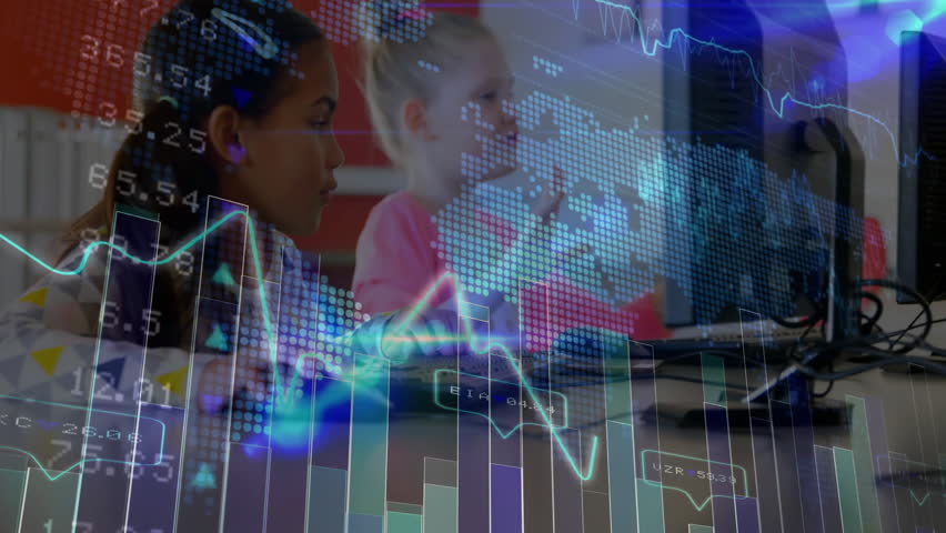 Girls shifting focus from monitors to tablet, highlighting charts while exploring educational data. Collaboration, education, technology, teamwork, youth, digital learning, youth empowerment