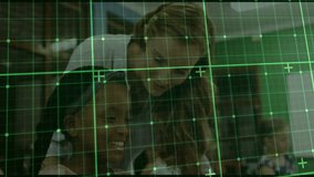 Student typing as green grid scans screen while teacher leaning offering learning guidance in lab. Education, technology, learning, classroom, mentorship, youth, digital - Powered by Shutterstock - Get 15% off with code: PIKWIZARD15