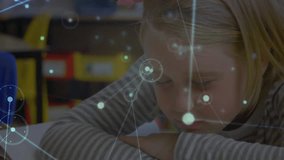 Activating network overlay and revealing student leaning on desk studying open book in classroom. Technology, education, innovation, digital, learning, classroom, design - Powered by Shutterstock - Get 15% off with code: PIKWIZARD15