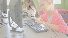 Schoolgirls alternating between exploring VR headset and typing on keyboards in lab for education. Technology, education, children, collaboration, innovation, classroom, digital - Powered by Shutterstock - Get 15% off with code: PIKWIZARD15