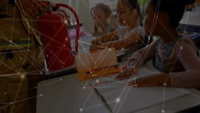 Firefighter entering classroom and demonstrating red extinguisher use for student safety education. Rescue, training, education, safety, teamwork, empowerment, instructional - Powered by Shutterstock - Get 15% off with code: PIKWIZARD15