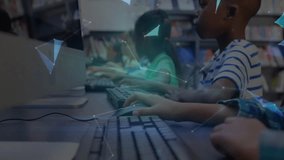 Six students typing in lab activating shapes forming rotating globe symbolizing networked learning. Technology, education, innovation, collaboration, digital, connectivity, skills - Powered by Shutterstock - Get 15% off with code: PIKWIZARD15