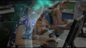 Cosmic overlay swirling over computer lab revealing teacher guiding student typing for learning. Educational, technology, innovative, interactive, futuristic, collaboration, inspiration - Powered by Shutterstock - Get 15% off with code: PIKWIZARD15