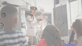 Teacher gripping skeleton clavicle and gesturing to ribcage for science lesson, data overlay fading. Education, science, anatomy, classroom, teaching, learning, digital - Powered by Shutterstock - Get 15% off with code: PIKWIZARD15