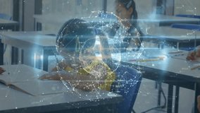 Hologram globe spinning in classroom inspiring girl using colored pencils while sketching notebook. Educational, technology, innovation, creativity, learning, youthful, vibrant - Powered by Shutterstock - Get 15% off with code: PIKWIZARD15