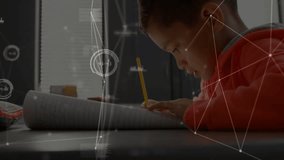 Boy starting writing in notebook, generating animated nodes, charts illustrating education progress. Student, learning, focus, education, technology, curiosity, future - Powered by Shutterstock - Get 15% off with code: PIKWIZARD15