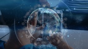 Boy launching holographic mapping app and rotating wireframe globe to learn geography. Interactive, educational, futuristic, digital, innovative, technology, visualization - Powered by Shutterstock - Get 15% off with code: PIKWIZARD15