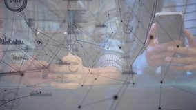 Digital network overlay appearing as two friends raising phones for dynamic data visualization demo. Technology, data, connectivity, networking, communication, innovation, analytics - Powered by Shutterstock - Get 15% off with code: PIKWIZARD15