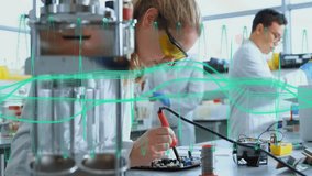 Female scientist soldering PCB in lab while waveforms pulsing and reactor glow forming red molecule. Research, innovation, laboratory, science, technology, experiment, collaboration - Powered by Shutterstock - Get 15% off with code: PIKWIZARD15