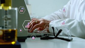 Senior scientist typing laptop and viewing holographic globe analyzing environmental metrics. Research, technology, innovation, data, analytics, sustainability, precision - Powered by Shutterstock - Get 15% off with code: PIKWIZARD15