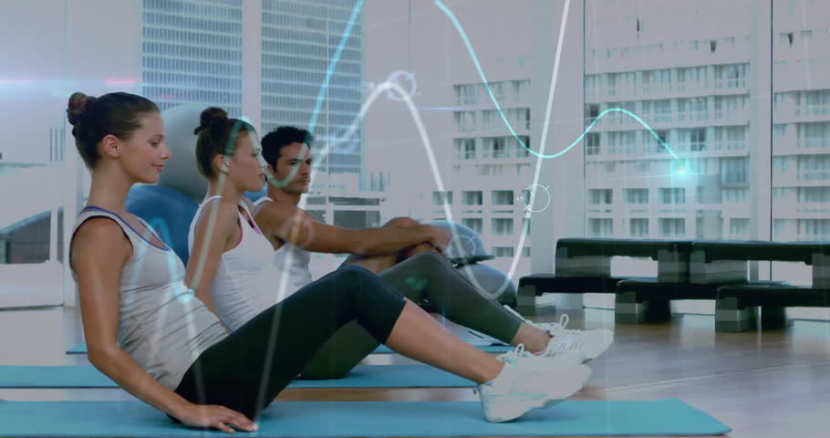 Friends raising bent legs on blue mats, leaning back and syncing core exercise via waveform graphic. Fitness, workout, wellness, strength, exercise, health, movement