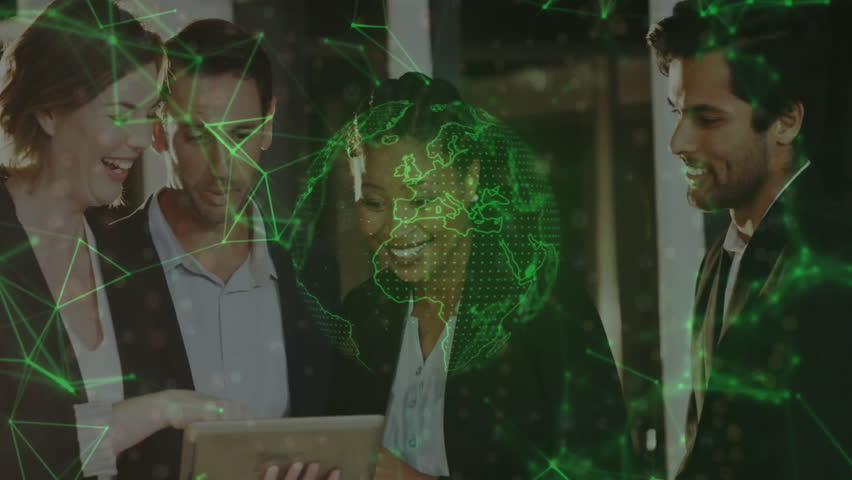 Business lead pointing tablet and activating green globe overlay while team analyzing network data. Collaboration, teamwork, innovation, digital, futuristic, analytics, professional - Powered by Shutterstock - Get 15% off with code: PIKWIZARD15