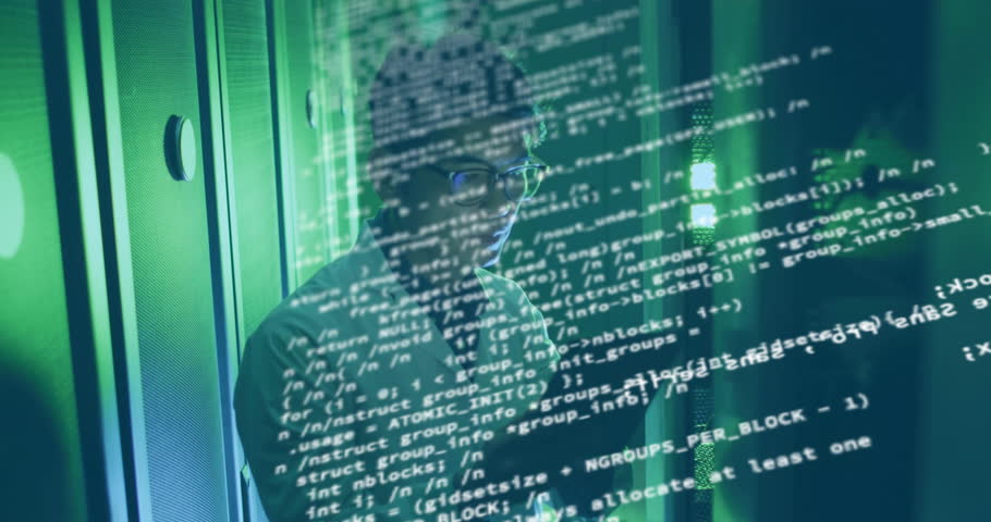 Code overlay shifting, revealing data center engineer tapping tablet and monitoring diagnostic logs. Technology, cybersecurity, innovation, digital, futurism, automation, professional